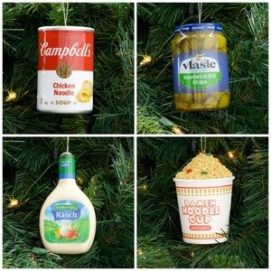 Set of 4 Funny Food Ornaments – Campbell’s Soup, Pickles, Ranch‎ & Ramen Noodles